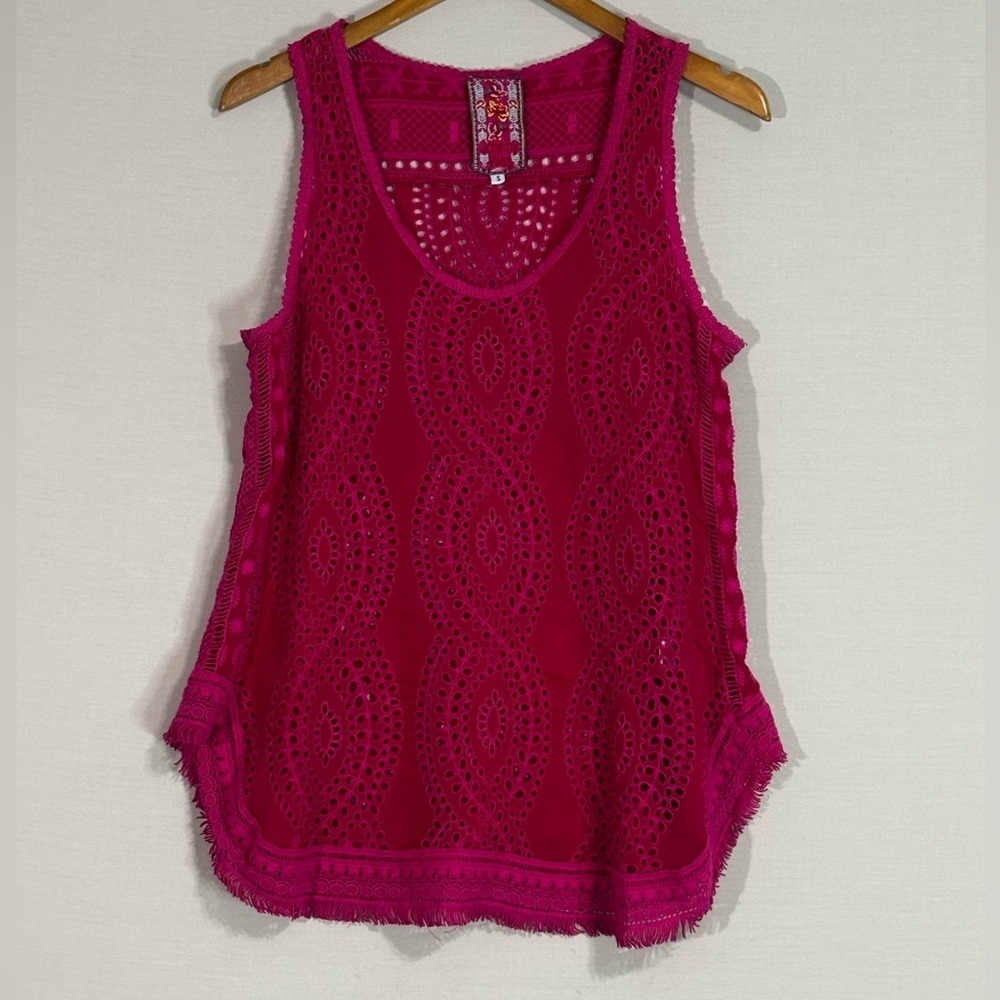 Johnny Was Pink Eyelet Embroidered Sleeveless Boho Tank Top Size S